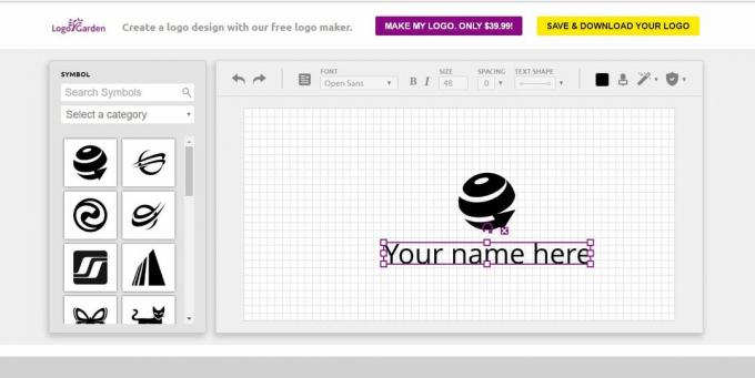 Skærmbillede af den gratis logo maker LogoGarden design plads