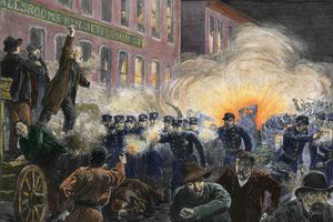 Farveillustration af Haymarket Square Riot fra 1886
