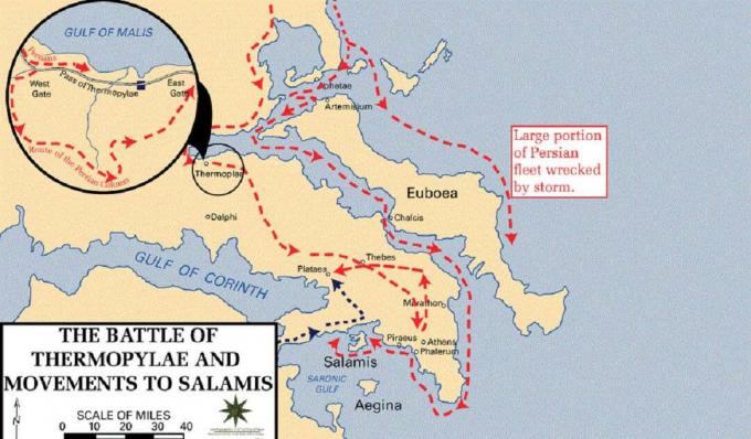 Kort, der viser slaget ved Thermopylae.