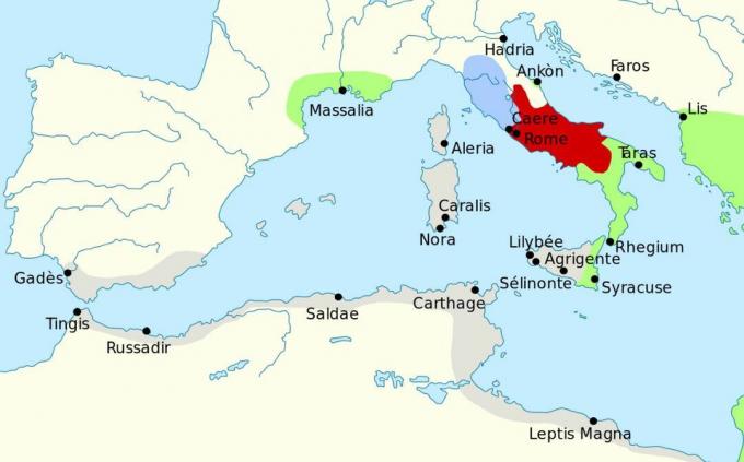 Kort, der viser det vestlige Middelhavsområde i 279 f.Kr.