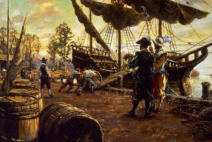 Bosættere ruller tønder tobak op ad en rampe og på et skib som forberedelse til eksport, Jamestown, Virginia, 1615.