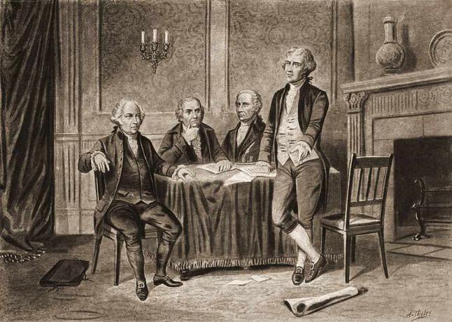 Illustration af fire af De Forenede Staters grundlæggere, fra venstre, John Adams, Robert Morris, Alexander Hamilton og Thomas Jefferson, 1774.