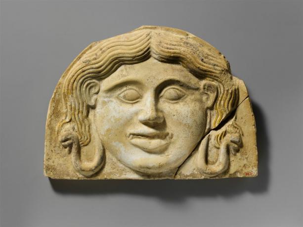 Klassisk græsk terracotta gorgoneion antefix (tagsten), 2. halvdel af 5. århundrede f.Kr.