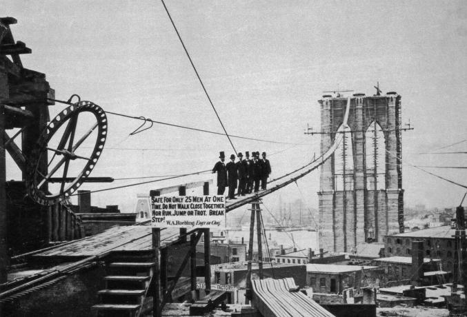 Fotografi af mænd på catwalk under konstruktion af Brooklyn Bridge.