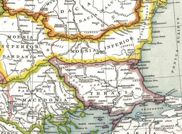 Kort, der viser Makedonien, Dacia og Thrakien.