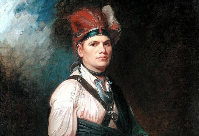 Joseph Brant i indianerkjole med hovedbeklædning