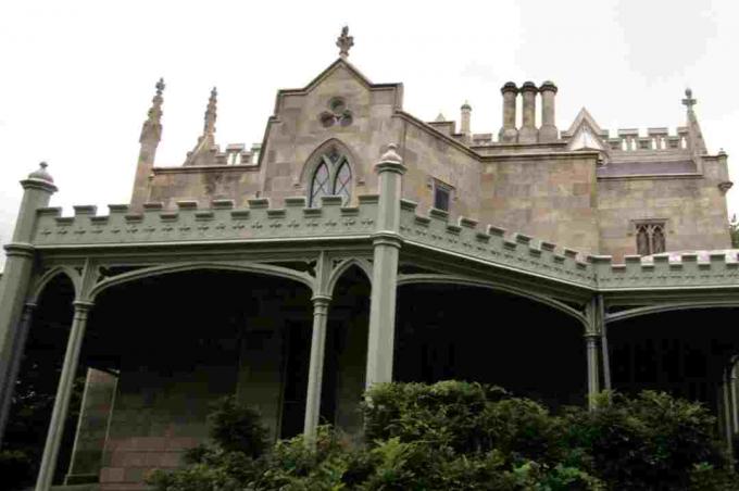 Gotiske genoplivelsesdetaljer om Lyndhurst Mansion i Tarrytown, New York