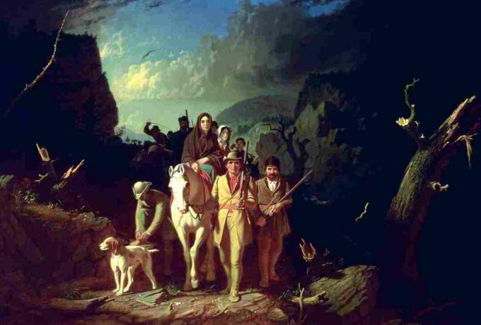 I fuld farve maleri af Daniel Boone førende nybyggere på Wilderness Road.