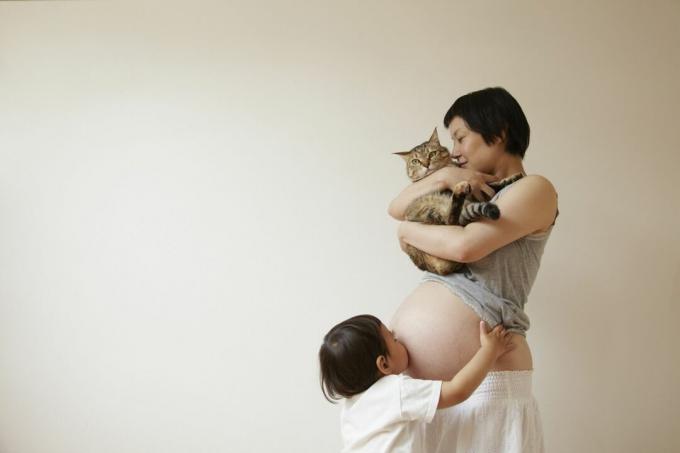 En gravid kvinde med en kat