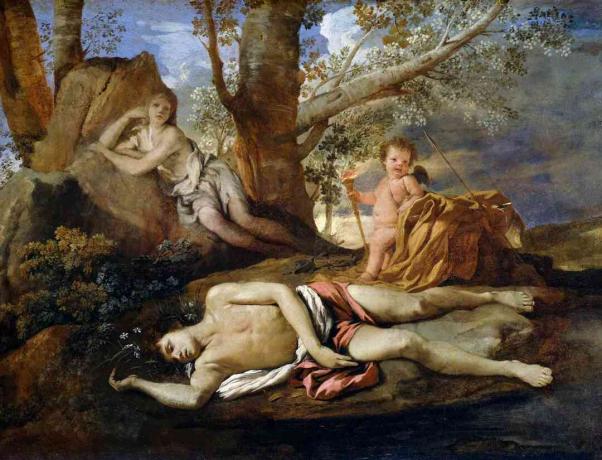 Echo and Narcissus, 1630, af Nicolas Poussin (1594-1665), olie på lærred