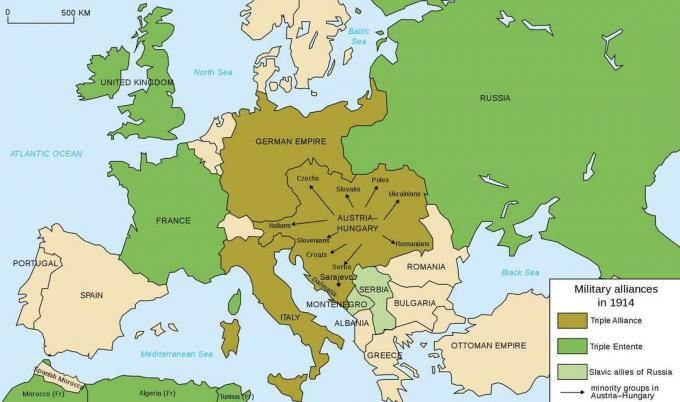 Kort over Europas militære alliancer i 1914.