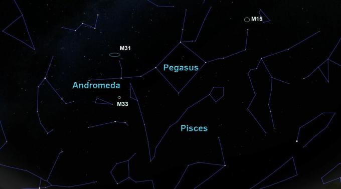 stjernebilledet Pegasus med sine naboer og nogle objekter med dyb himmel.