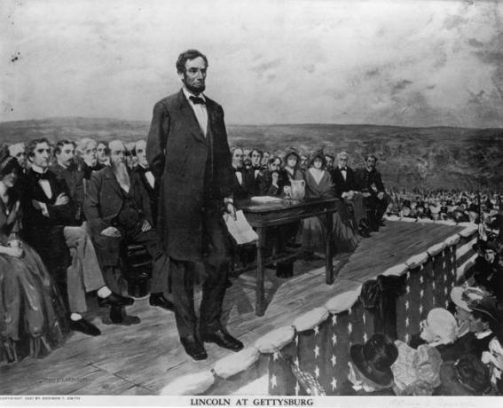 Abraham Lincoln, USA's 16. præsident, holder sin berømte 'Gettysburg-tale'-tale, 19. november 1863.