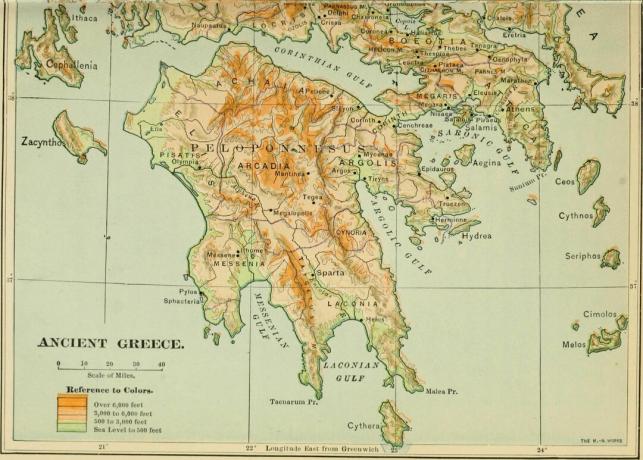 Kort over det gamle Grækenland, der viser de største byer og regioner.