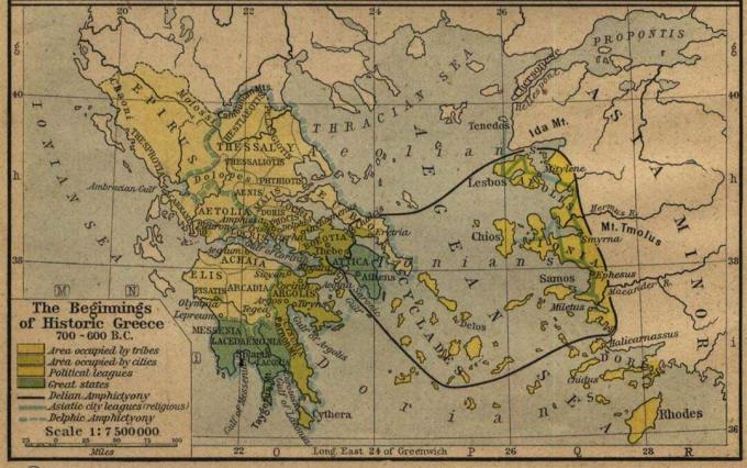 Kort, der viser Grækenland ca. 600 til 700 f.Kr. med Det Ægæiske Hav og Lilleasien.