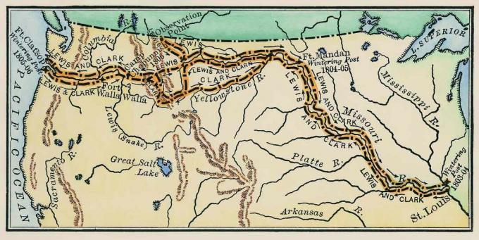 Kort over Lewis & Clark-ekspeditionen.