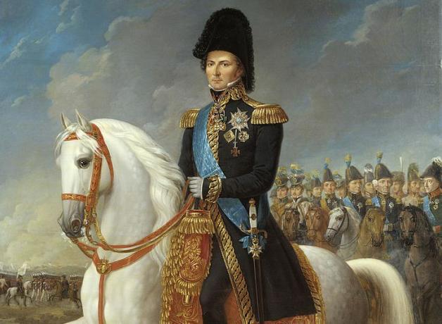 Maleri af kronprins Charles John i en militæruniform oven på en hest.