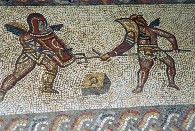 Romersk gulvmosaik af gladiatorer, 3. århundrede.