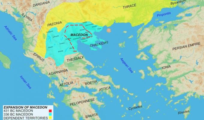 Makedonsk imperiumskort, der viser historie og vækst.