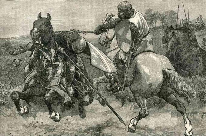 Robert the Bruce slår Henry de Bohun i hovedet med en øks.