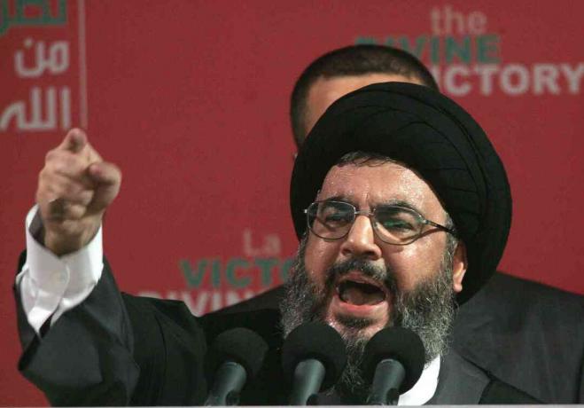 Hezbollah-leder Sayyed Hassan Nasrallah taler ved et møde den 22. september 2006 i Beirut, Libanon.