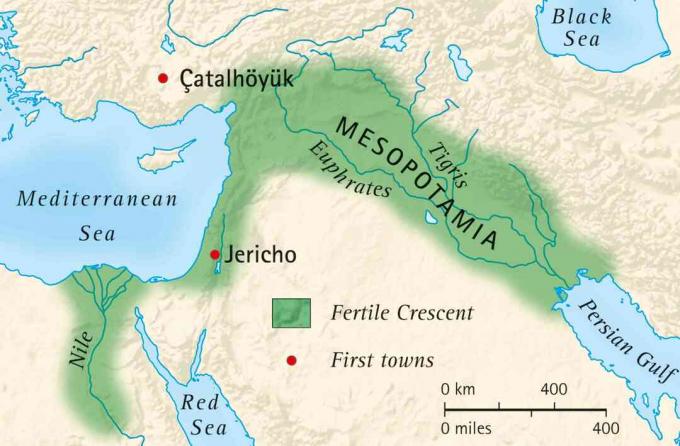 Kort over den frugtbare halvmåne i Mesopotamia og Egypten og placering af de første byer