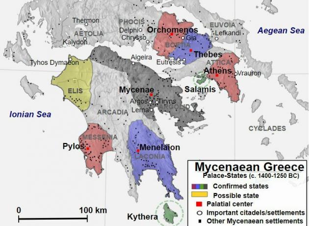 Kort, der viser det mykenske Grækenland fra 1400 til 1250 f.Kr.