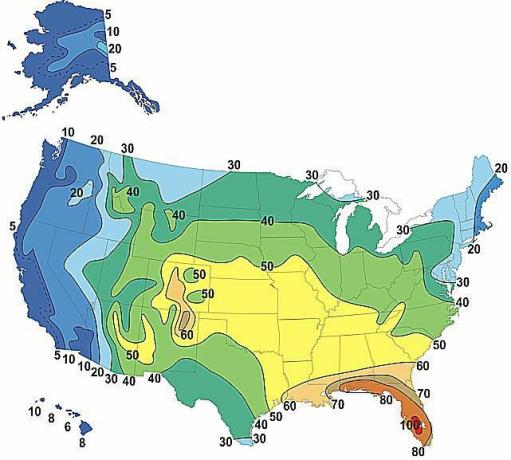Et kort, der viser det gennemsnitlige antal tordenvejrsdage hvert år i USA (2010)