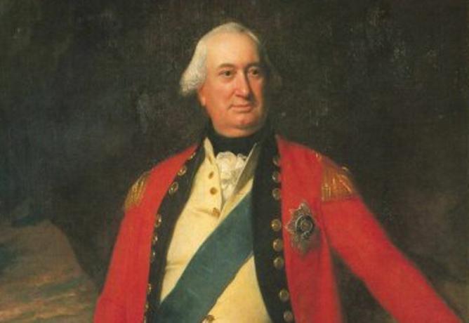 Generalløjtnant Lord Charles Cornwallis står i en rød britisk hærs uniform.