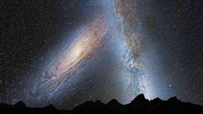 Andromeda og Mælkevejen kolliderer, set fra overfladen af ​​en planet inde i vores galakse.