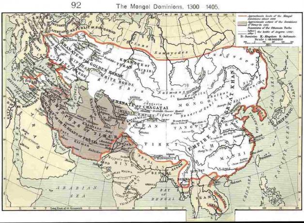 Kort, der viser mongolske herredømme omkring 1300 til 1405.