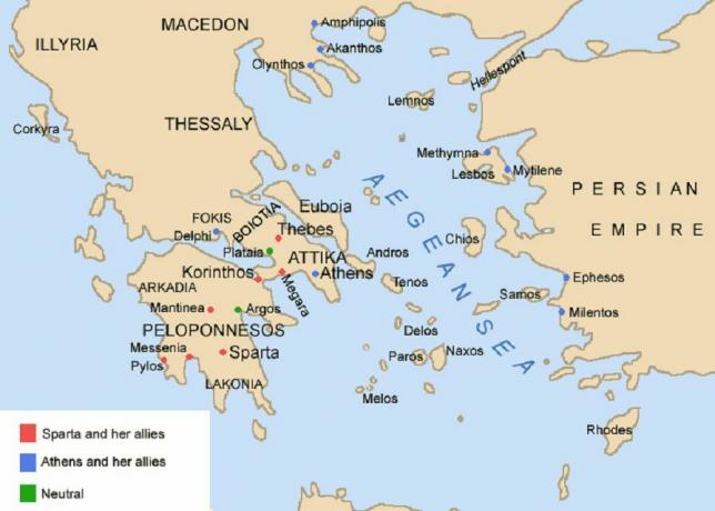 Kort, der viser fraktioner under den Peloponnesiske krig.