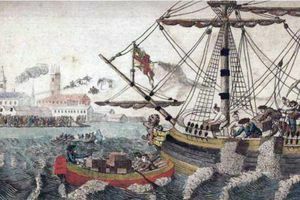 Maleri af Boston Tea Party, der viser mennesker, der dumper te i Boston Harbor.