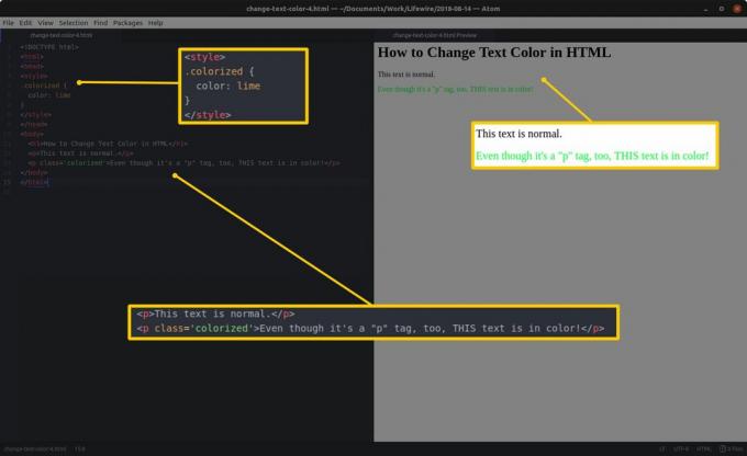 Kode editor med HTML og fremhævede sektioner til venstre og en HTML forhåndsvisning og fremhævede resultater til højre