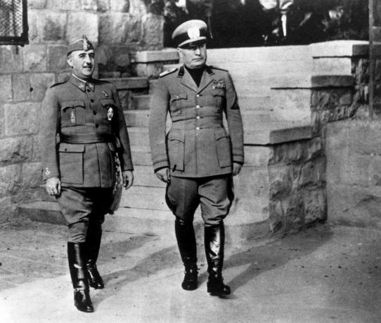 Spansk autoritær leder Francisco Franco (til venstre) med den italienske diktator Benito Mussolini, 4. marts 1944