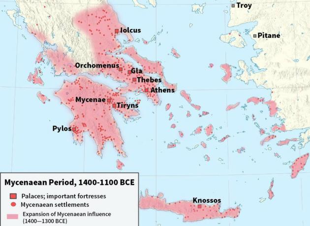 Kort, der viser Mycenaen-civilisationen i 1400 til 1100 f.Kr.