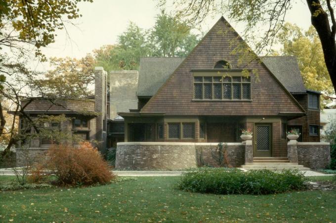 Vestfasade af Frank Lloyd Wrights hjem i Oak Park, Illinois