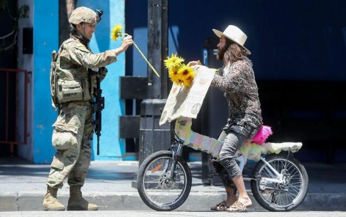 En National Guard-soldat modtager en blomst fra en demonstrant under en fredelig demonstration over George Floyds død i Hollywood den 3. juni 2020.