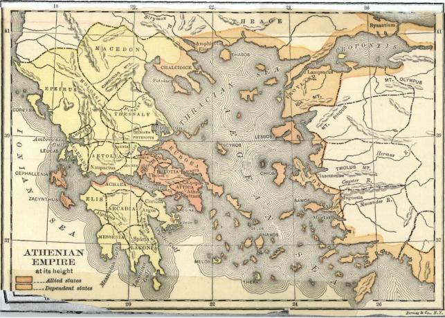 Kort over det athenske imperium i sin højde.