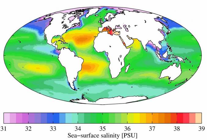 Årlig gennemsnitlig saltholdighed af havoverfladen fra World Ocean Atlas i 2009. Saltholdighed er anført i praktiske saltholdenheder (PSU).
