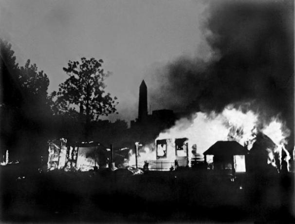 En bonushærs veteranlejr i Washington, D.C., der blev brændt i 1932