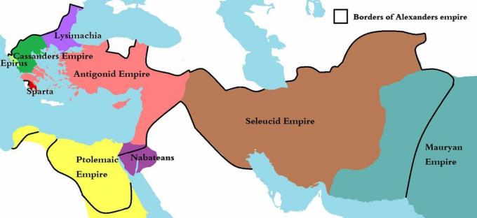 Diadochi-kongeriger, der viser navne og grænser for Alexander's imperium.