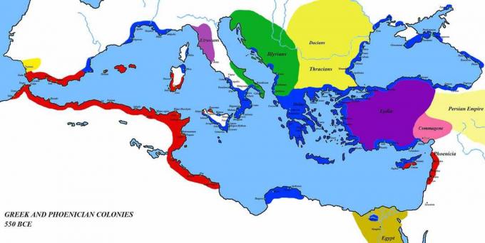 Kort, der viser græske og fønikiske bosættelser i 550 f.Kr.