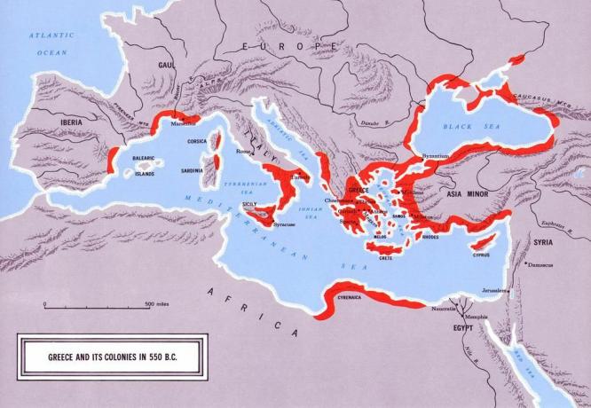 Kort, der viser Grækenland og dets kolonier i 550 f.Kr.