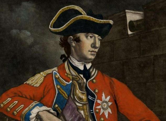 General William Howe i en rød britisk hæruniform.