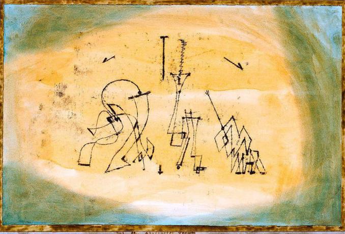 Abstrakt pen og akvarelmaleri med titlen Abstract Trio af Paul Klee