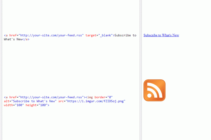 Skærmbillede, der viser to måder at linke til et RSS-feed ved hjælp af HTML