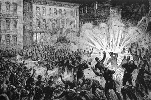 Illustration af bombeeksplosion på Haymarket Square