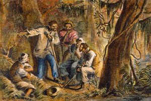 Fuldfarvetegning af Nat Turner og andre slaver i et skovområde.