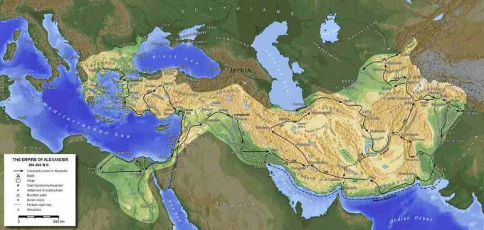 Kort, der viser Alexander den Store erobringer.